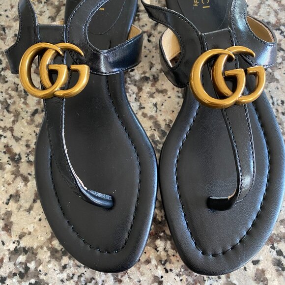 Gucci Double G Thong Leather Sandals in Black 37 - Picture 3 of 6
